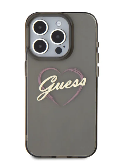 GUESS IML Hard Case with Heart Logo for iPhone 16 Pro Max / Drop protection / Comfortable Grip / Slim Back Cover - Black