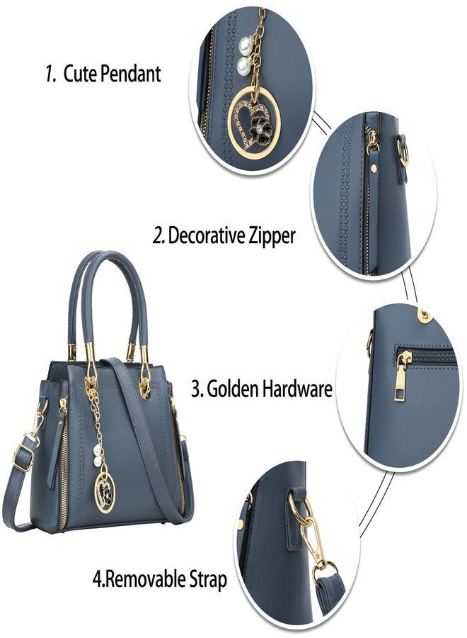 KKXIU Stylish Women Satchel Purses and Handbags Vegan Leather Top Handle Shoulder Crossbody Bag (Navy Blue) - Image 5