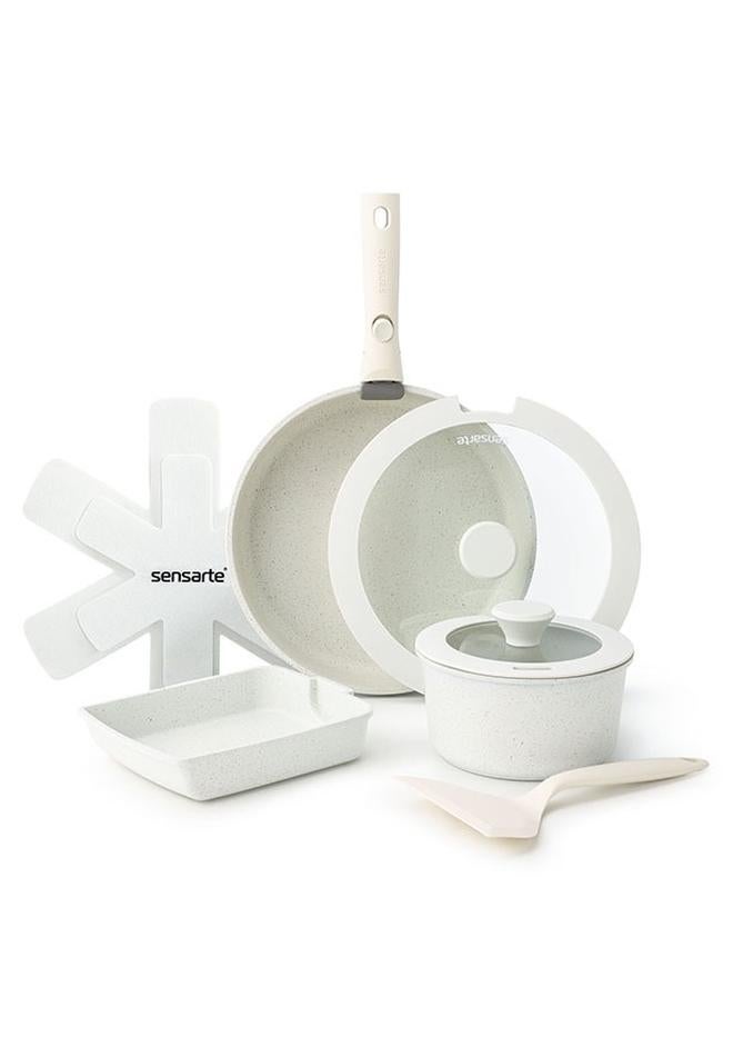 Sensarte 9 Piece Detachable Swiss Granite Coating Cookware Set, Non-Stick, PFOA/PFOS/APEO Free, 1X26Cm Frying Pan With Lid, 1X20Cm Sauce Pan With Lid, 1X28Cm Grill Pan, 2 Xstorage Mats, 1 Spatula, 1 Handle - White - Image 1