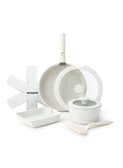 9 Piece Detachable Swiss Granite Coating Cookware Set, Non-Stick, PFOA/PFOS/APEO Free, 1X26Cm Frying Pan With Lid, 1X20Cm Sauce Pan With Lid, 1X28Cm Grill Pan, 2 Xstorage Mats, 1 Spatula, 1 Handle - White