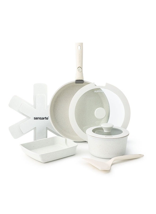 Sensarte - 9 Piece Detachable Swiss Granite Coating Cookware Set, Non-Stick, PFOA/PFOS/APEO Free, 1X26Cm Frying Pan With Lid, 1X20Cm Sauce Pan With Lid, 1X28Cm Grill Pan, 2 Xstorage Mats, 1 Spatula, 1 Handle - White - Image 1