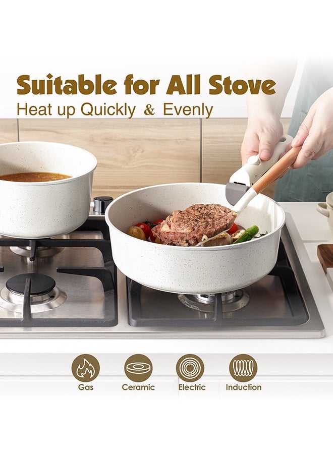 Sensarte - 9 Piece Detachable Swiss Granite Coating Cookware Set, Non-Stick, PFOA/PFOS/APEO Free, 1X26Cm Frying Pan With Lid, 1X20Cm Sauce Pan With Lid, 1X28Cm Grill Pan, 2 Xstorage Mats, 1 Spatula, 1 Handle - White - Image 1