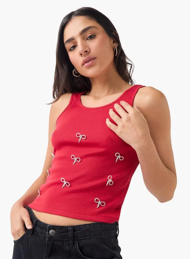 2Xtremz 2Xtremz Ribbed Bow Embellished Sleeveless Top