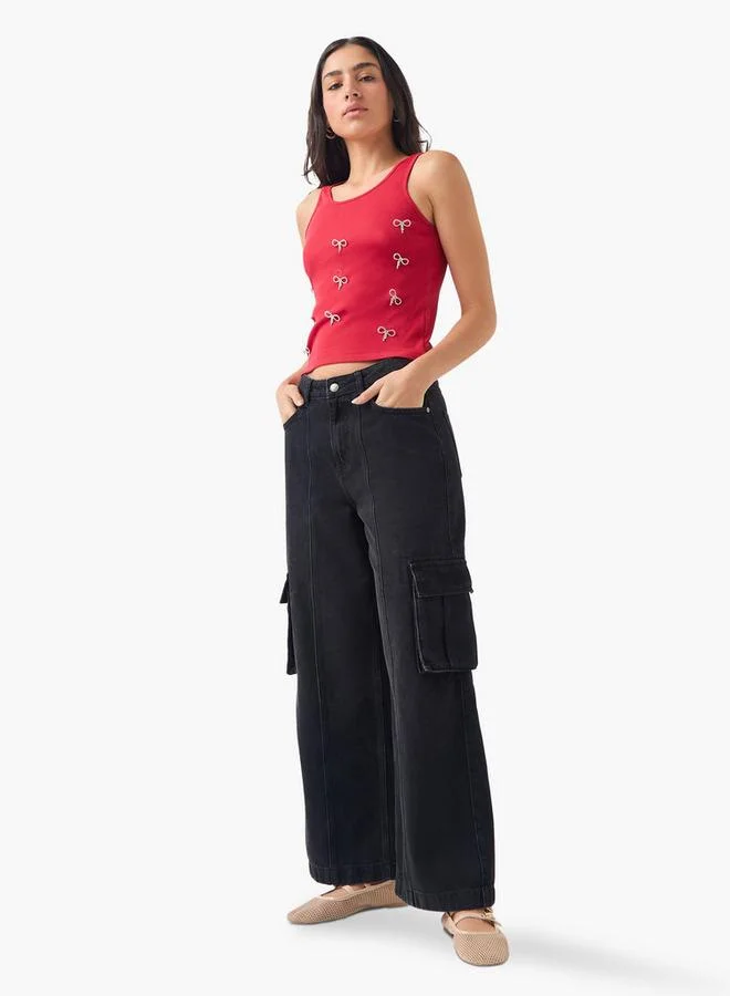2Xtremz 2Xtremz Ribbed Bow Embellished Sleeveless Top