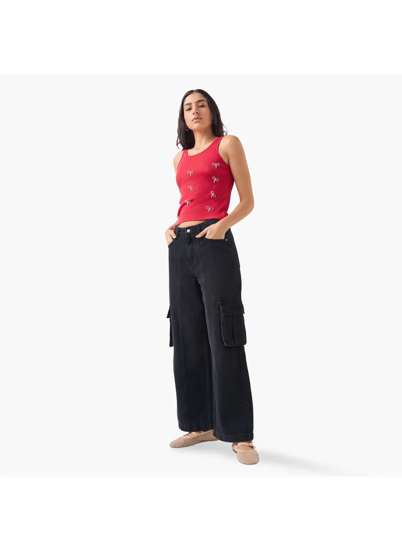 2Xtremz 2Xtremz Ribbed Bow Embellished Sleeveless Top