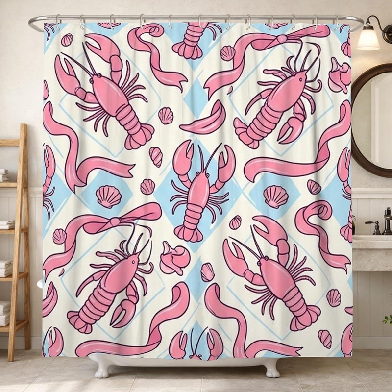 Lobster Shower Curtain, Coastal Playful Shell Ribbon Summer Peach Polyester Waterproof Toile Cloth Shower Curtains Decor for Toile Bathroom Dorm 62x72 Inch - Image 1
