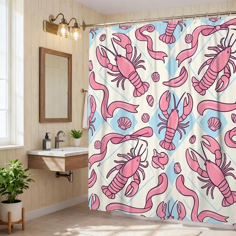 Lobster Shower Curtain, Coastal Playful Shell Ribbon Summer Peach Polyester Waterproof Toile Cloth Shower Curtains Decor for Toile Bathroom Dorm 62x72 Inch - Image 2