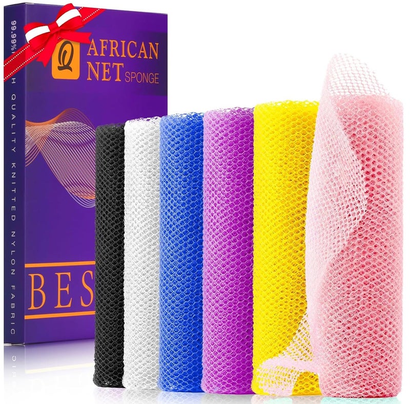 UJFQBH 6 Pieces African Bath Sponge African Net Long Net Bath Sponge Exfoliating Shower Body Scrubber Back Scrubber Skin Smoother,Great for Daily Use (Pink, Yellow, Purple, Blue, Black, Off-White) - Image 1