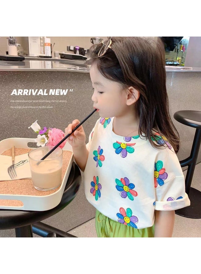 Summer New Children's Wear Korean Short-sleeved T-shirt Big Children's Casual Top Baby Flower Fashion Base Shirt