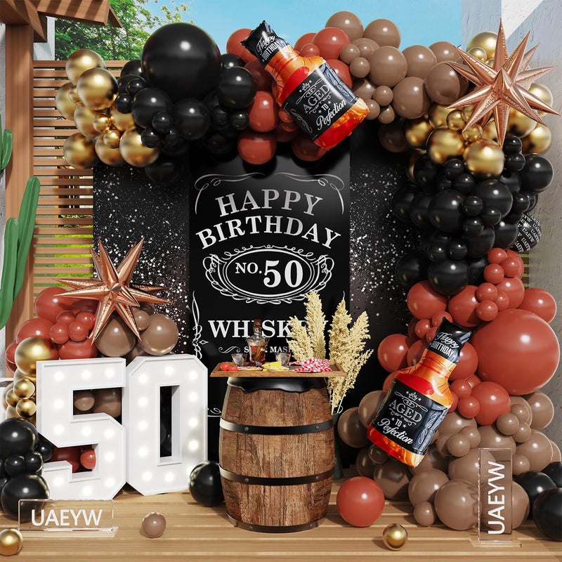 UAEYW Whiskey Birthday Party Decorations for Men Aged to Perfection Party Supplies 143Pcs Whiskey Balloon Arch Garland Kit Brown Coffee Black Gold Balloons for Vintage 30th 40th 50th Birthday Anniversary - Image 3