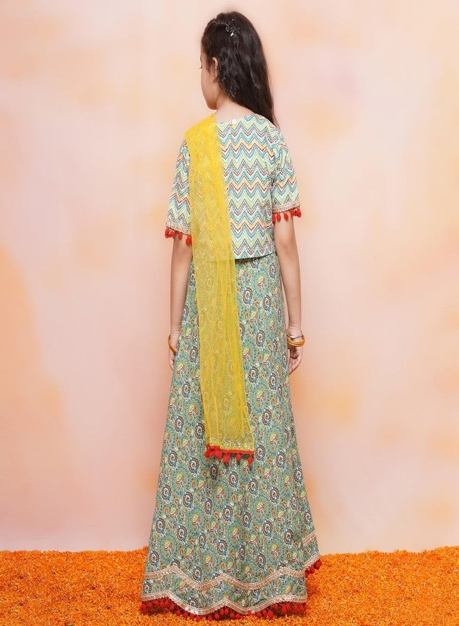 AJ DEZINES Kids Ethnic Wear Jacquard Zigzag Printed Half Sleeve Green Lehenga Choli Set For Girls (G-LH14-LIGHT-GREEN-36) - Image 2