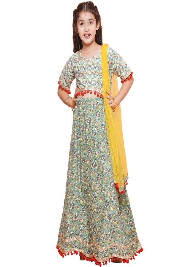 AJ DEZINES Kids Ethnic Wear Jacquard Zigzag Printed Half Sleeve Green Lehenga Choli Set For Girls (G-LH14-LIGHT-GREEN-36) - Image 1