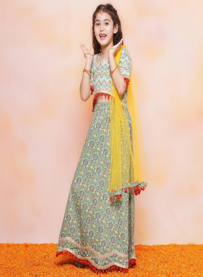 AJ DEZINES Kids Ethnic Wear Jacquard Zigzag Printed Half Sleeve Green Lehenga Choli Set For Girls (G-LH14-LIGHT-GREEN-36) - Image 4
