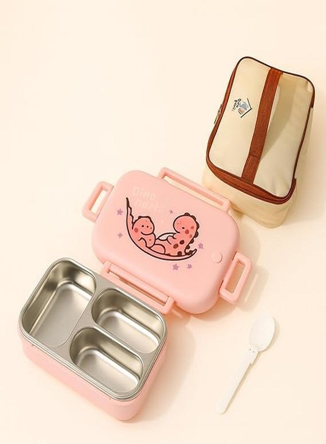GAMAHA 3 Compartment Stainless Steel Lunch Box with Bag 960ml, Leak Proof Bento Tiffin Box Microwave Safe,for School,Travel, Office & Outdoor (Pink) - Image 1