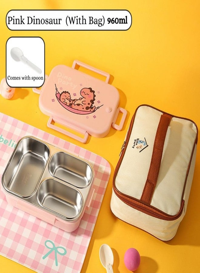 GAMAHA 3 Compartment Stainless Steel Lunch Box with Bag 960ml, Leak Proof Bento Tiffin Box Microwave Safe,for School,Travel, Office & Outdoor (Pink) - Image 2
