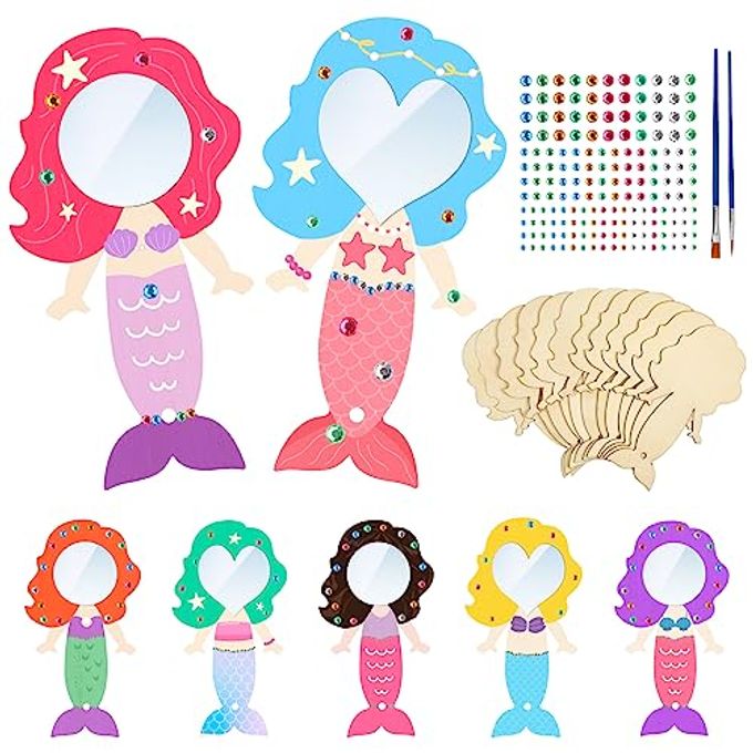 12 PACK WOODEN MIRROR CRAFT FOR KIDS MAKE YOU OWN MERMAID MIRROR DIY TO PAINT WOODEN ARTS AND CRAFTS FOR GRILS HAND MIRROR FOR ART ACTIVITIES PROJECT BIRTHDAY GIFTS