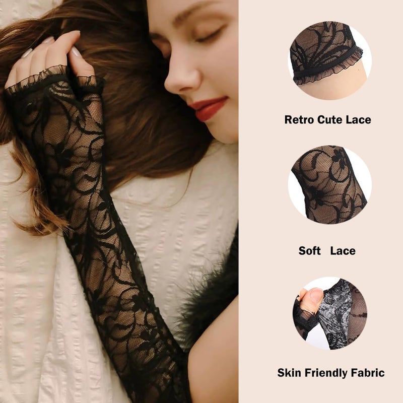 MASIKA Women's Lace Gloves, Black Chiffon Halloween Dress Up Fingerless Gloves, Spider Web, Gothic, CosPlay Accessories. - Image 2
