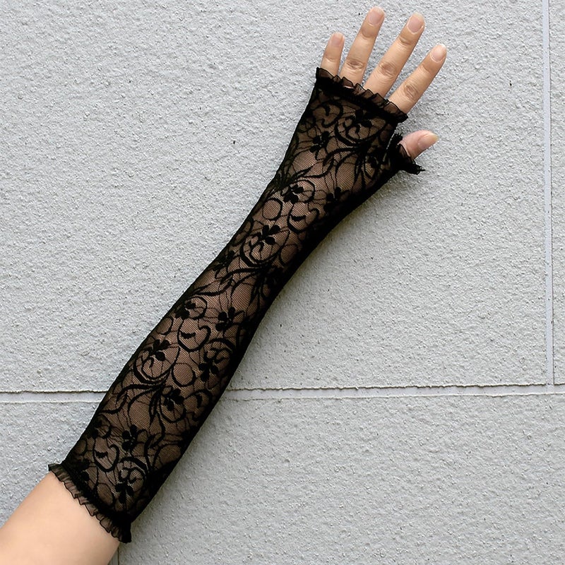 MASIKA Women's Lace Gloves, Black Chiffon Halloween Dress Up Fingerless Gloves, Spider Web, Gothic, CosPlay Accessories. - Image 3
