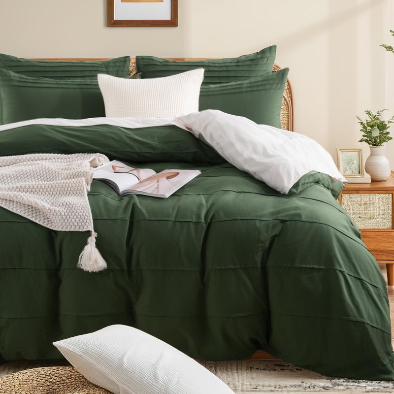 NEXHOME PRO 100 Washed Cotton Duvet Cover Twin Size Pleated Duvet Cover Set Forest Green 2 Pieces Organic Bedding Set with Zipper Closure Soft Lightweight and Breathable 68x90 No Comforter