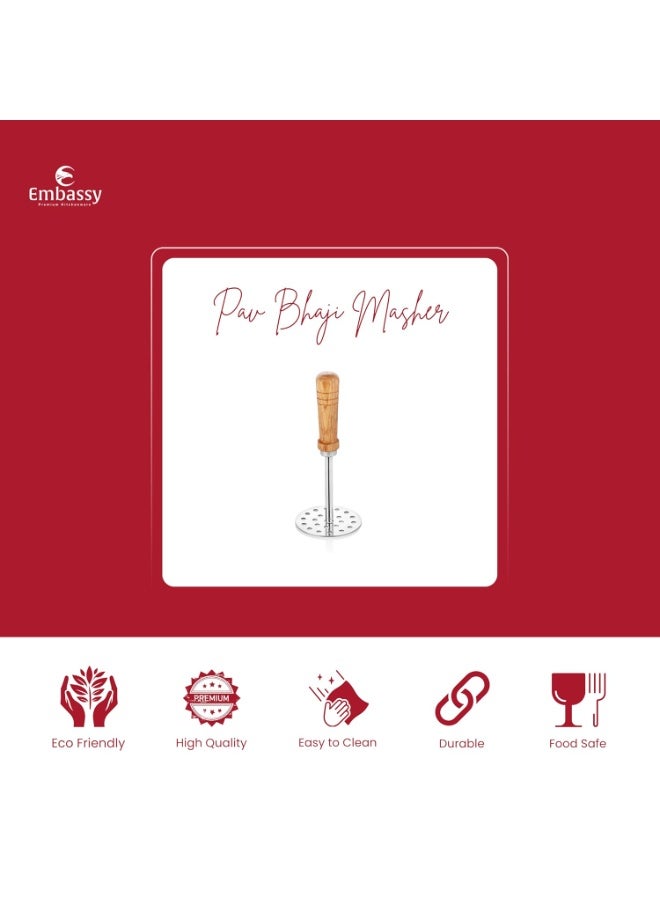 إيمباسي هراسة بطاطس من الفولاذ المقاوم للصدأ من إمباسي بمقبض خشبي | المقاس 3 | القطر 8.3 سم | مثالية لهرس الخضار/باف باجي/طعام الأطفال | هراسة للمطبخ - Image 2