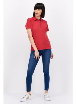 Greg Norman Women Spread Collar Short Sleeve Plain Polo Shirt, Red  - Image 3