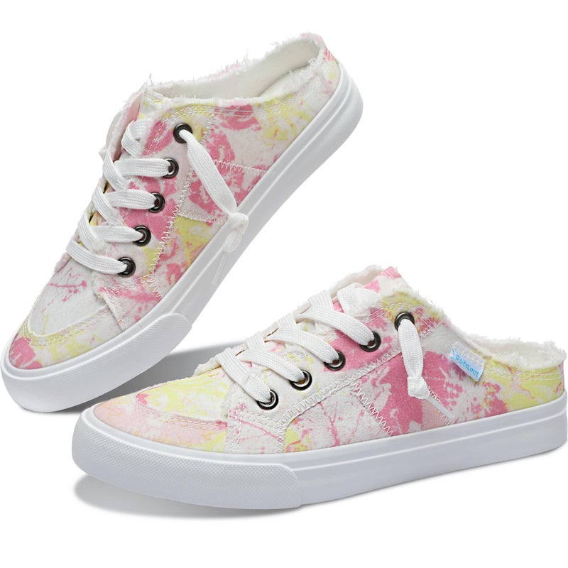 Obtaom Women Canvas Mules Memory Foam Clipper Fashion Sneakers Comfortable Slip-On Mule Backless Holiday Shoes(Multi White Pink,US9) - Image 1