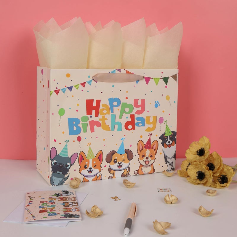 wishinside 13â€ Large Dog Happy Birthday Gift Bag Set with Handles, Greeting Card, Tissue Papers and Stickers for Girl Boy Kid Women Men, Cream Puppy Design, 1 Pcs - Image 5