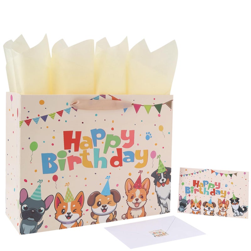 wishinside 13â€ Large Dog Happy Birthday Gift Bag Set with Handles, Greeting Card, Tissue Papers and Stickers for Girl Boy Kid Women Men, Cream Puppy Design, 1 Pcs - Image 1