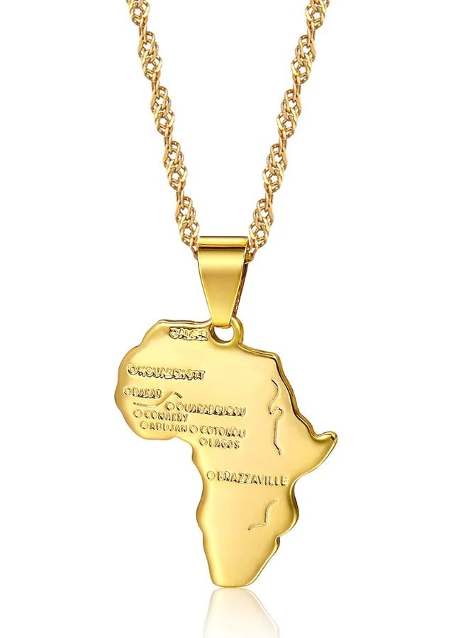 قلادة خريطة أفريقيا مع تصميم محفور على شكل خريطة أفريقيا مطلية بالذهب عيار 18، هدية أفريقية لها، هدية قلادة أفريقية للجنسين - Image 1