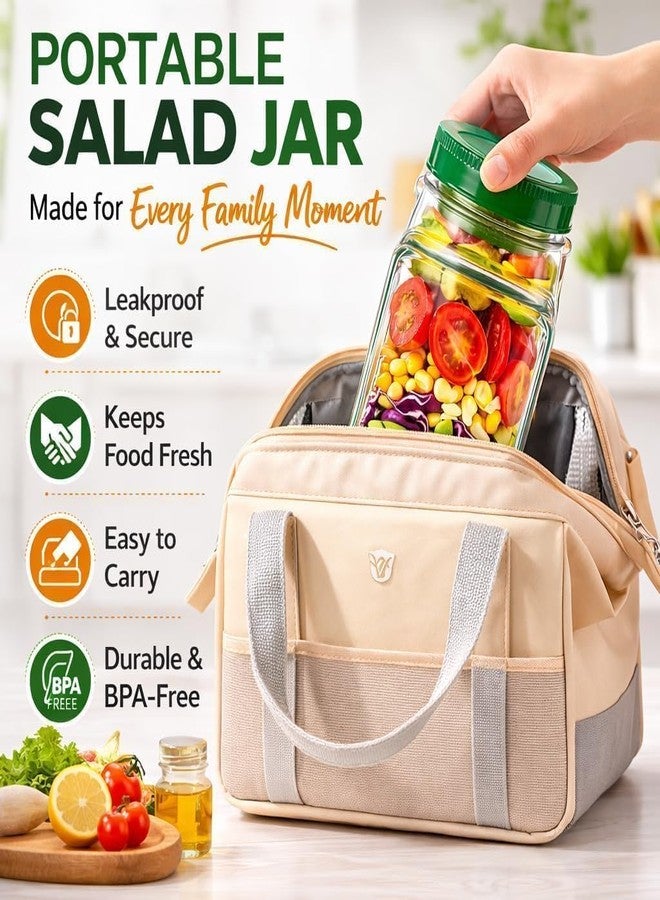 DRANZ برطمان سلطة DRANZ مانع للتسرب بفتحة جانبية وحاوية للصلصة، خالٍ من مادة BPA، محكم الإغلاق، على طراز علبة طعام ماسون، حاوية محمولة لتحضير الوجبات، مناسبة للمكتب والسفر، آمنة للاستخدام في المجمد وغسالة الصحون، أوعية للسلطة والفواكه والحبوب - Image 3