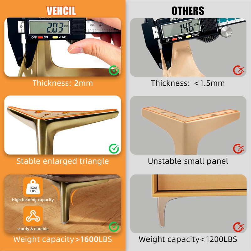 VEHCIL 4-inch Brushed Gold Furniture Legs, Legs for Furniture Set of 4 Modern Furniture Feet Metal Table Legs for Cabinet Sofa Couch Chair Bed Dresser Wardrobe Risers DIY Replacement - Image 5