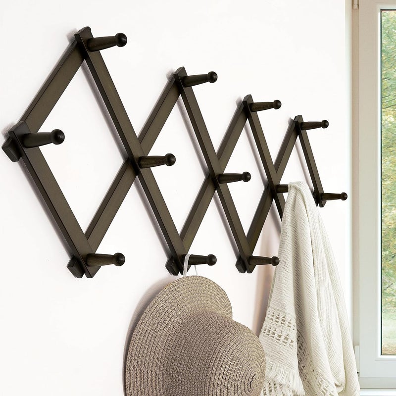 Dseap Accordion Wall Hanger:16'' High Wooden Wall Expandable Coat Rack,Hat Rack Holder,Accordion Hook for Baseball Caps,Coats,13 Peg Hooks,Dark Walnut - Image 2