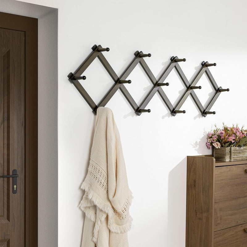 Dseap Accordion Wall Hanger:16'' High Wooden Wall Expandable Coat Rack,Hat Rack Holder,Accordion Hook for Baseball Caps,Coats,13 Peg Hooks,Dark Walnut - Image 3