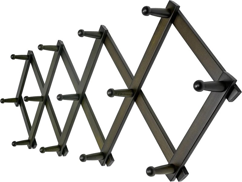 Dseap Accordion Wall Hanger:16'' High Wooden Wall Expandable Coat Rack,Hat Rack Holder,Accordion Hook for Baseball Caps,Coats,13 Peg Hooks,Dark Walnut - Image 1