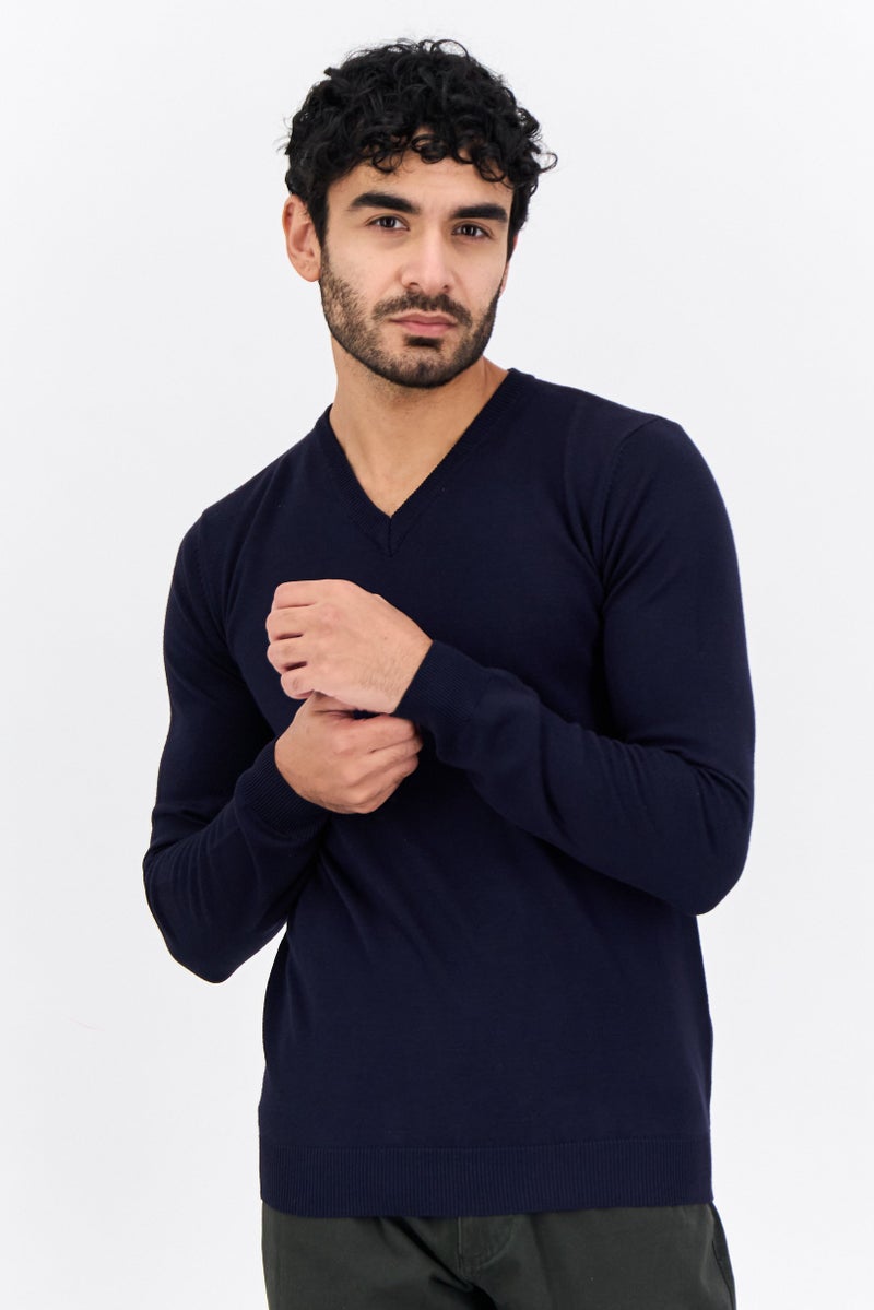 Sorbino Men V-Neck Plain Knitted Sweater, Navy - Image 1