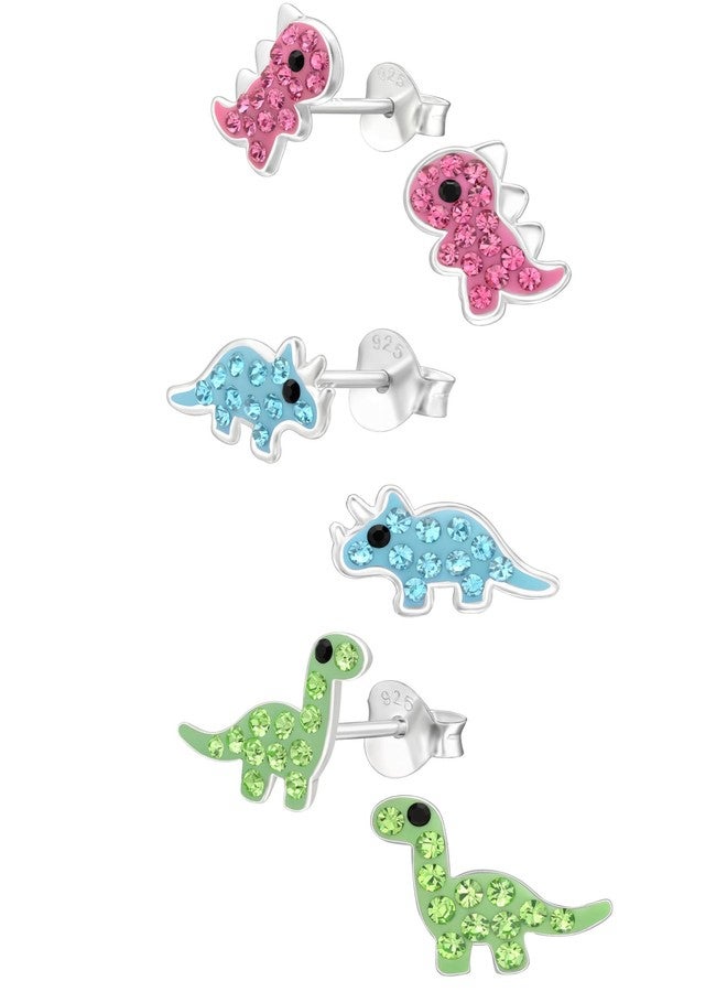 ICYROSE 925 Sterling Silver Set of 3 Pairs Dinosaur with crystal Small Stud Earrings (Nickel Free) - Image 1