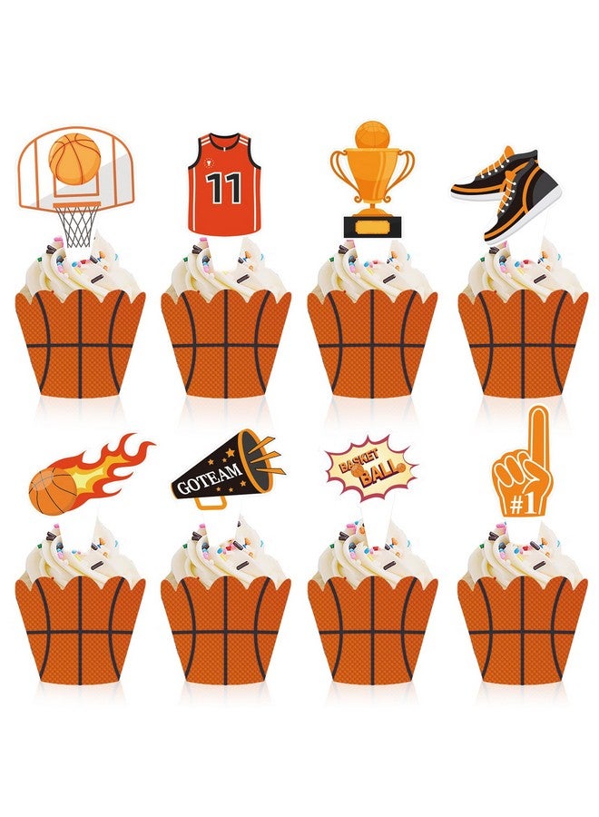 Boerni 48 Pieces Basketball Cupcake Toppers Wrappers for Boys Girls, Sports Theme Basketshooting Sneakers Champion Jersey Patterns Cupcake Decoration for Kids Birthday Baby Shower Party Holiday Supplies - Image 1
