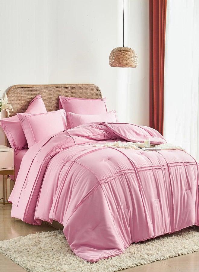 Yogeneg Full Size Comforter Set 7 Piece Bed in a Bag,Grid Pinch Pleat Pink Bedding Set,Striped Textured Soft Microfiber Comforter with Sheet Set,All Season Complete Bed Set(Pink,Full) - Image 1