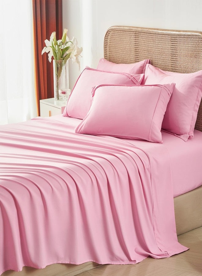 Yogeneg Full Size Comforter Set 7 Piece Bed in a Bag,Grid Pinch Pleat Pink Bedding Set,Striped Textured Soft Microfiber Comforter with Sheet Set,All Season Complete Bed Set(Pink,Full) - Image 4