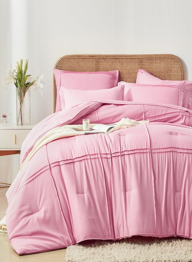 Yogeneg Full Size Comforter Set 7 Piece Bed in a Bag,Grid Pinch Pleat Pink Bedding Set,Striped Textured Soft Microfiber Comforter with Sheet Set,All Season Complete Bed Set(Pink,Full) - Image 2