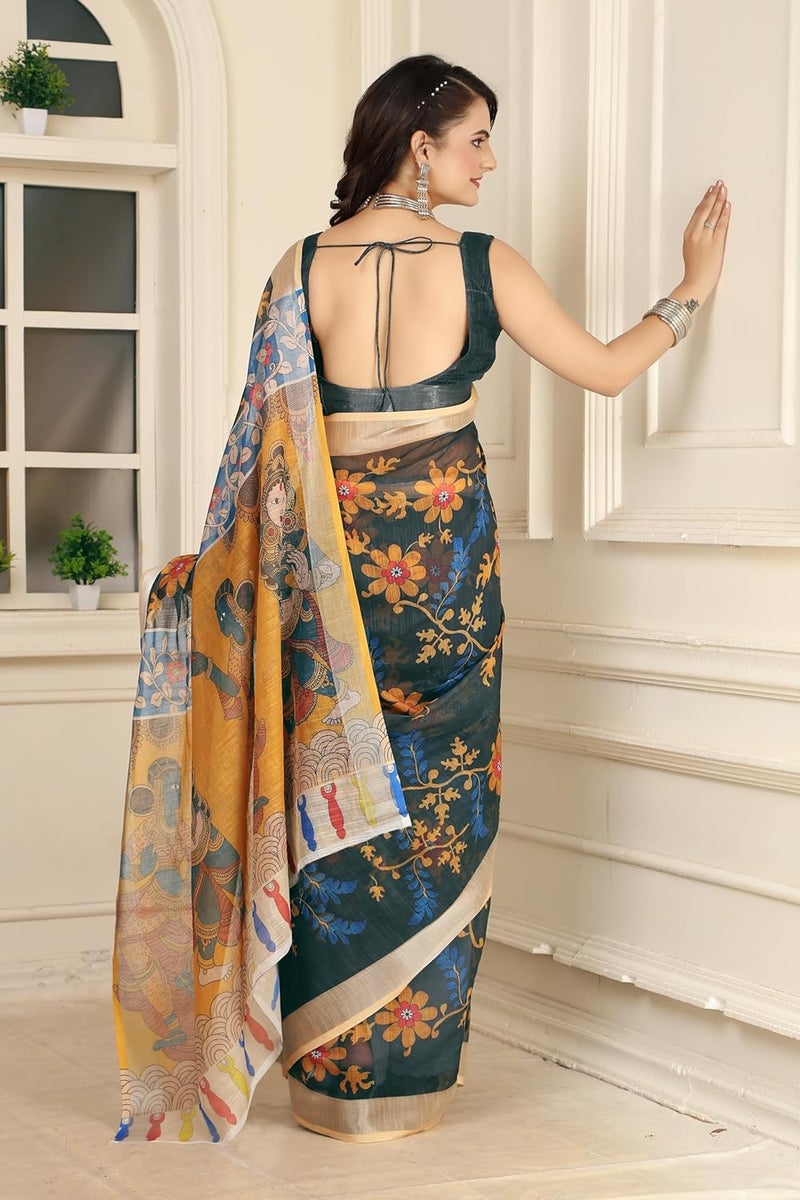 Sidhidata Women's Digital Printed Cotton Linen Blend Saree with Unstitched Blouse Piece in Bottle Green and Multicolor - Image 3