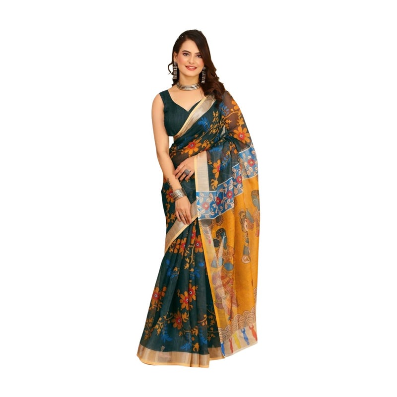 Sidhidata Women's Digital Printed Cotton Linen Blend Saree with Unstitched Blouse Piece in Bottle Green and Multicolor - Image 1