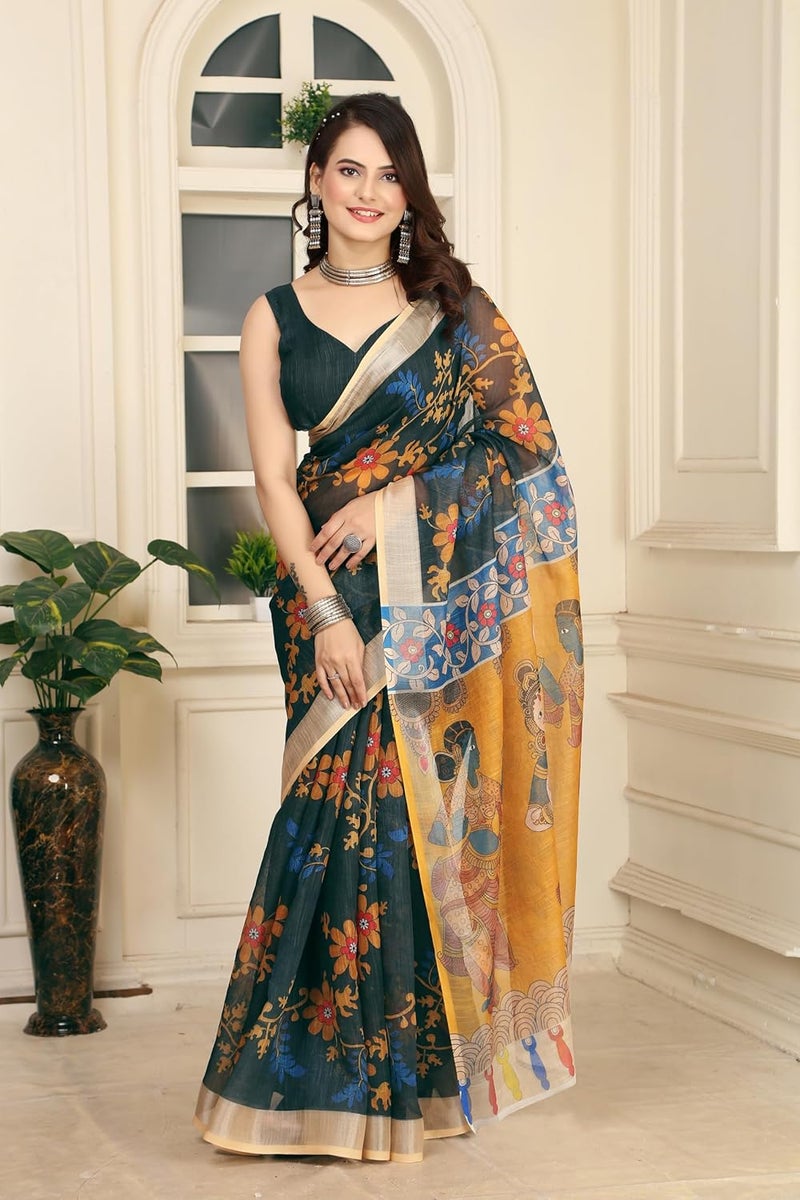 Sidhidata Women's Digital Printed Cotton Linen Blend Saree with Unstitched Blouse Piece in Bottle Green and Multicolor - Image 2