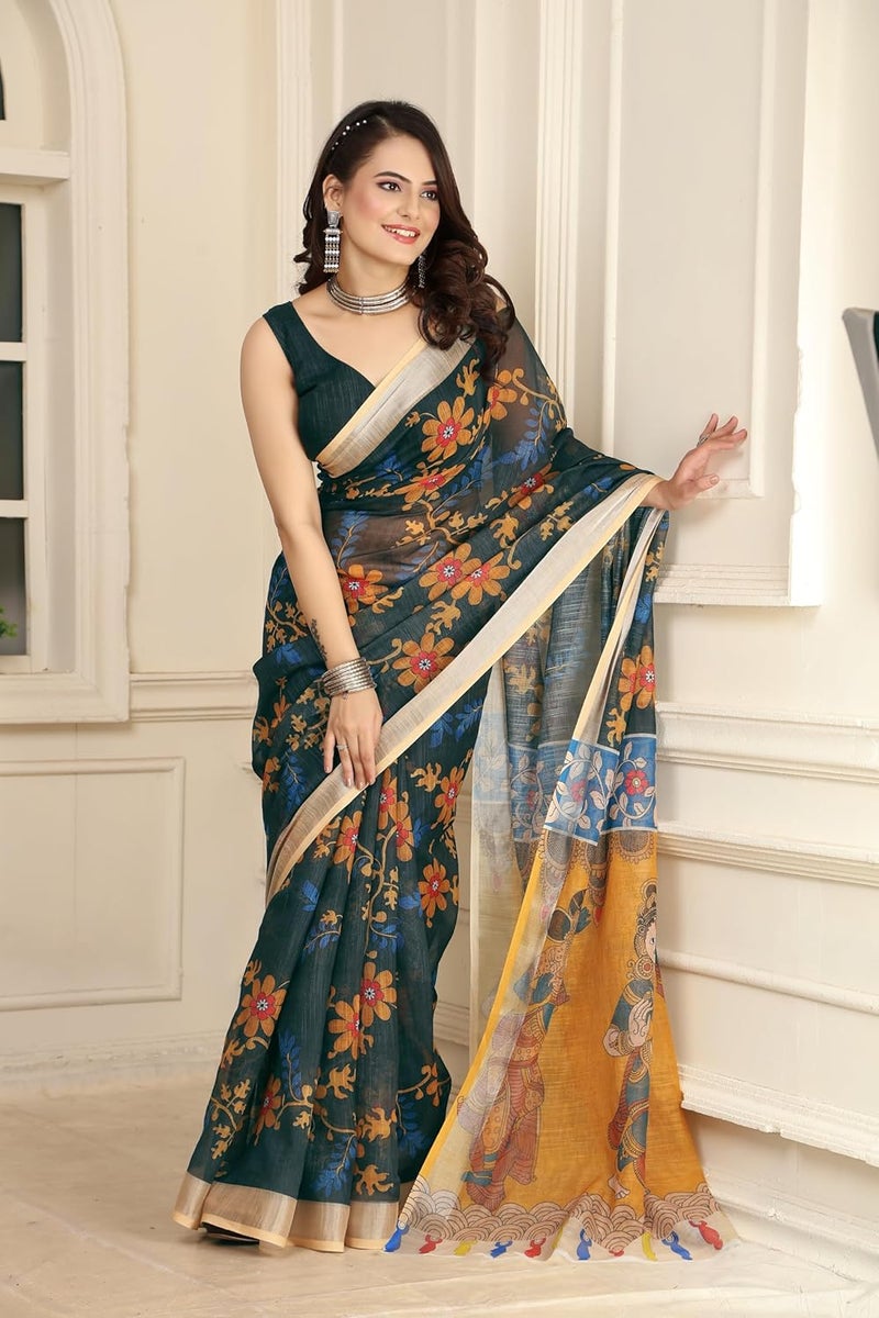 Sidhidata Women's Digital Printed Cotton Linen Blend Saree with Unstitched Blouse Piece in Bottle Green and Multicolor - Image 4