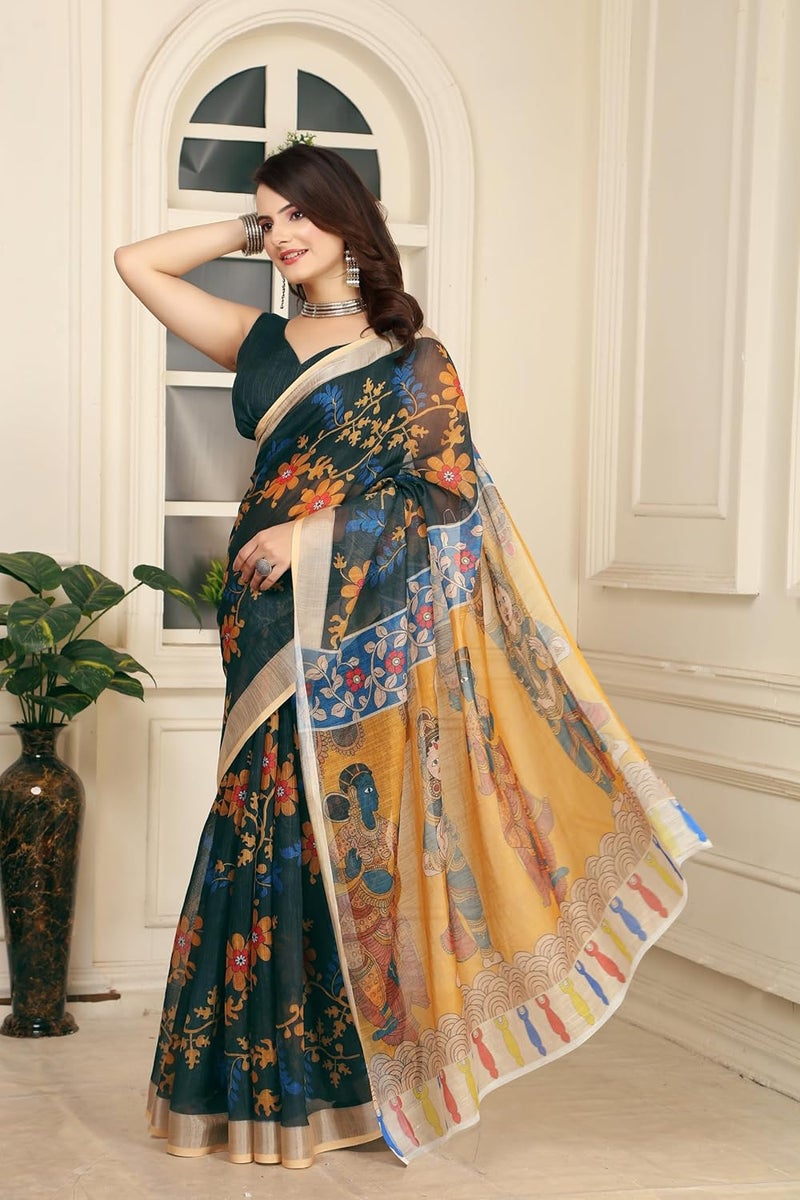Sidhidata Women's Digital Printed Cotton Linen Blend Saree with Unstitched Blouse Piece in Bottle Green and Multicolor - Image 5