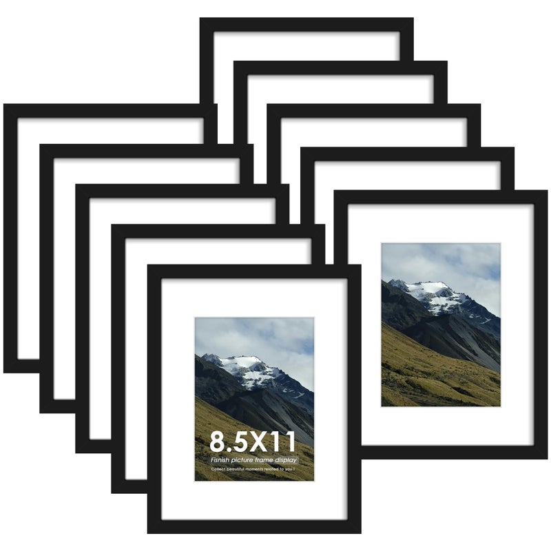Fisnish 8.5x11 Picture Frame Sef of 10  Display Pictures 6x8 with Mat or 8.5 x 11 Without Mat  Photo Frame Collage for Wall Gallery Decor  Hanging or Tabletop Display  Black - Image 1
