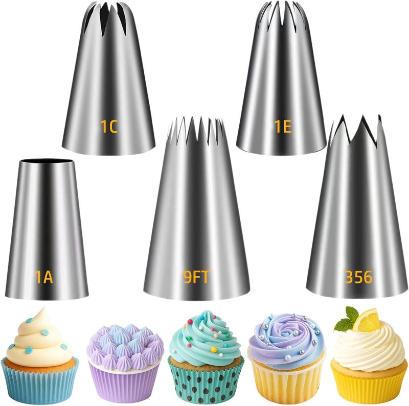 Suuker Large Piping Tips Set, Stainless Steel Cake Decorating Tips, 5 Pieces Frosting Icing Tips for Cake Decorating, Cupcakes, Cookie (1A 1E 1C 9FT 356) - Image 1