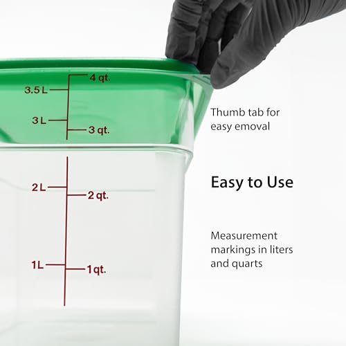 Cambro Food Storage Container with Lid (2 Pack) - Classic Series Square with Green Lid - 4 QT (Quart) - Commercial Grade for Food Prep (Clear) - Image 5