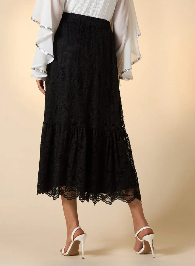 2Xtremz 2Xtremz Lace Textured A-Line Midi Skirt with Elasticated Waistband