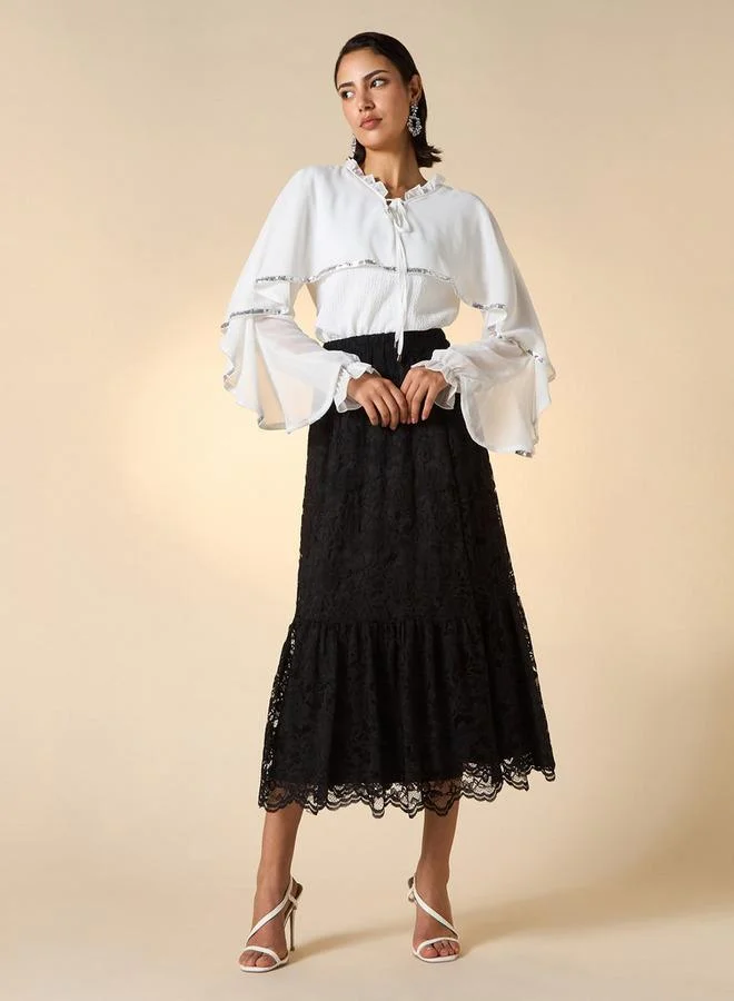 2Xtremz 2Xtremz Lace Textured A-Line Midi Skirt with Elasticated Waistband